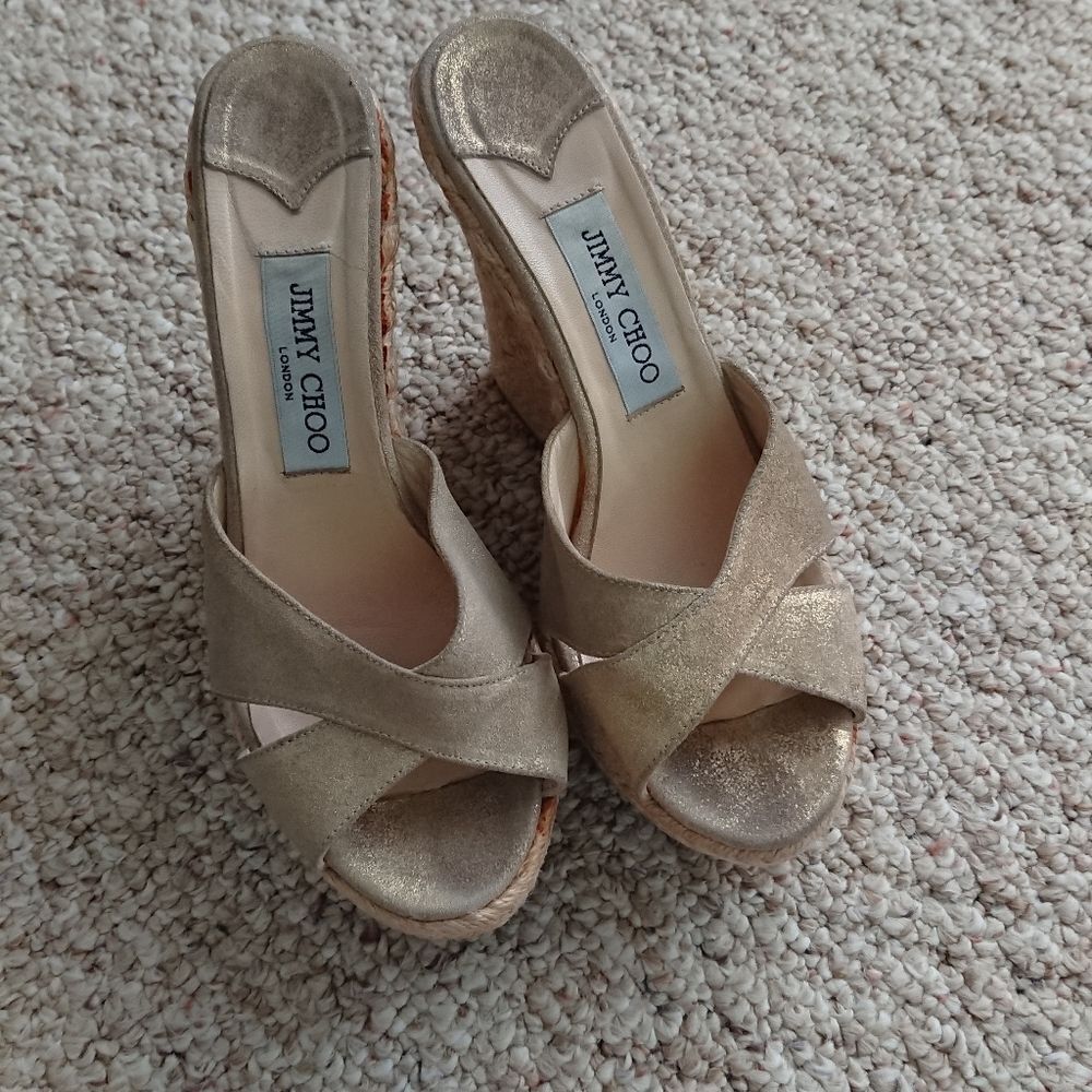 Jimmy Choo Glitter Phyllis Cross Strap wedges size 37.5